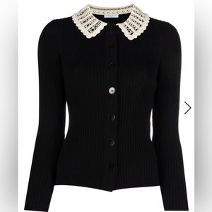 SANDRO Joie Ribbed Cardigan with Crochet Collar Black